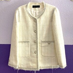 ZARA boucle lady jacket white/cream with metallic silver fray trim